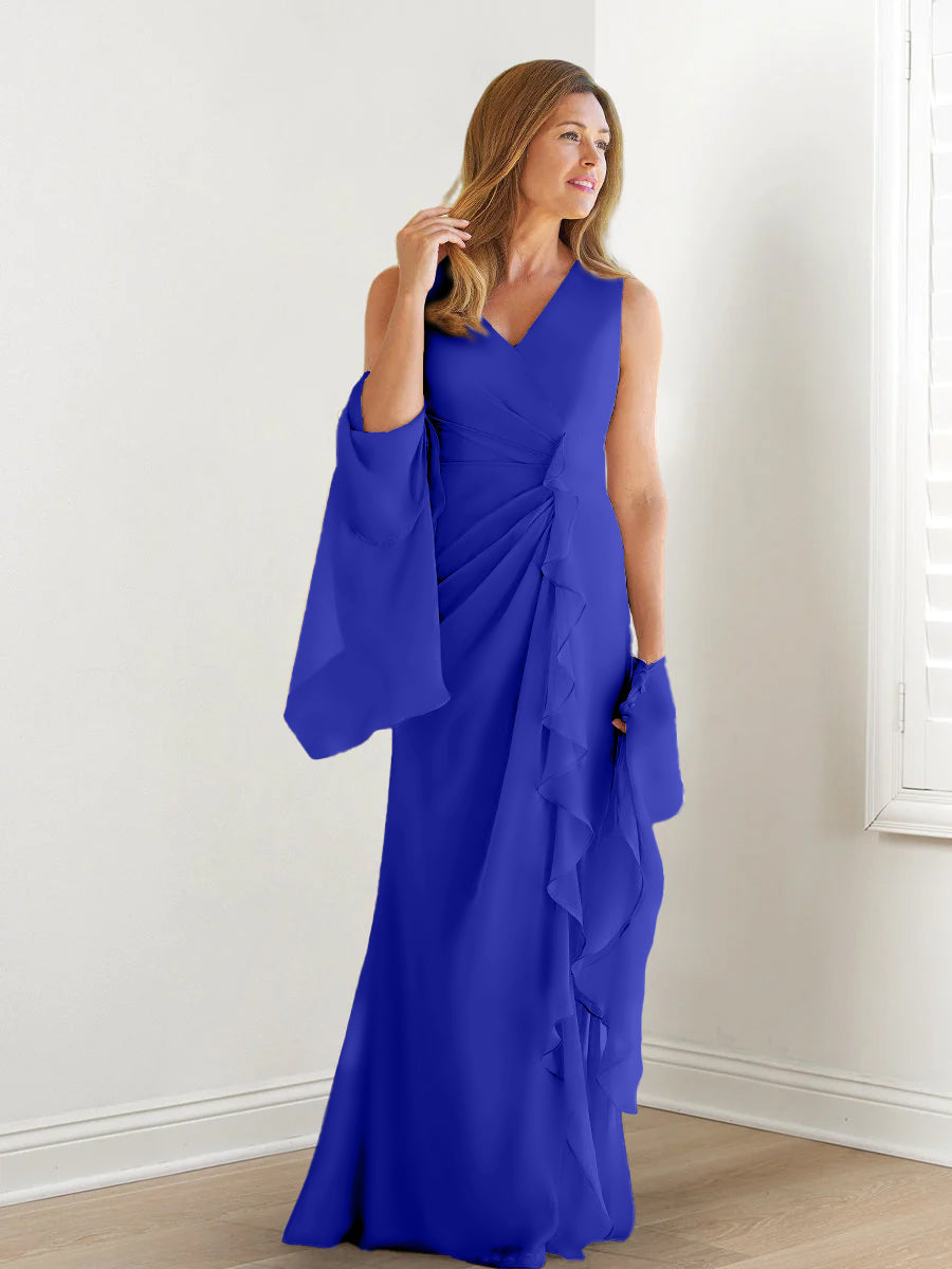 Elegant Sleeveless V Neck Floor Length Mother Of The Bride Gown With Ruffles