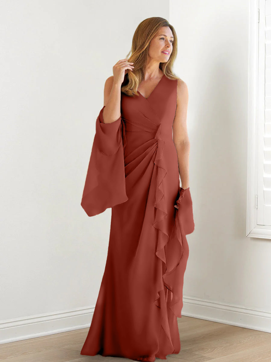 Elegant Sleeveless V Neck Floor Length Mother Of The Bride Gown With Ruffles