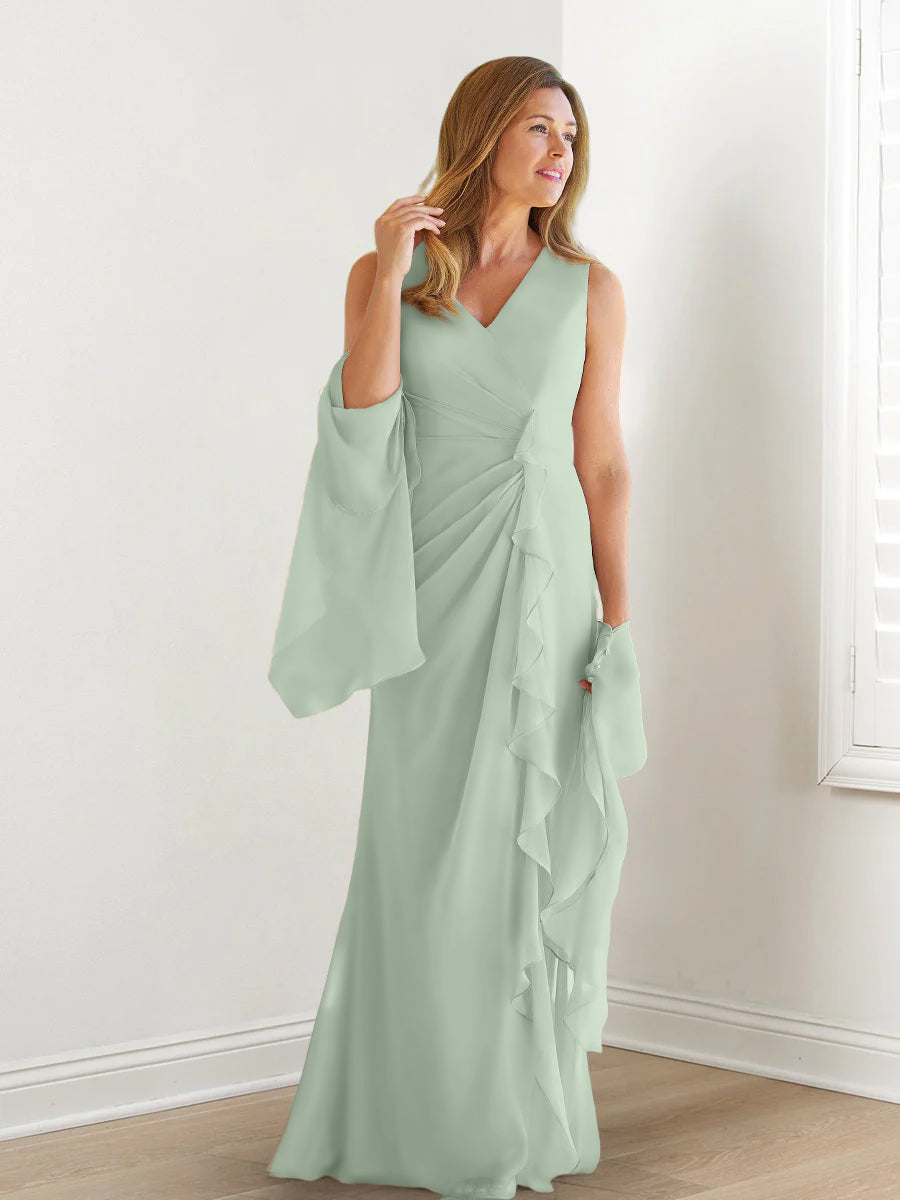Elegant Sleeveless V Neck Floor Length Mother Of The Bride Gown With Ruffles