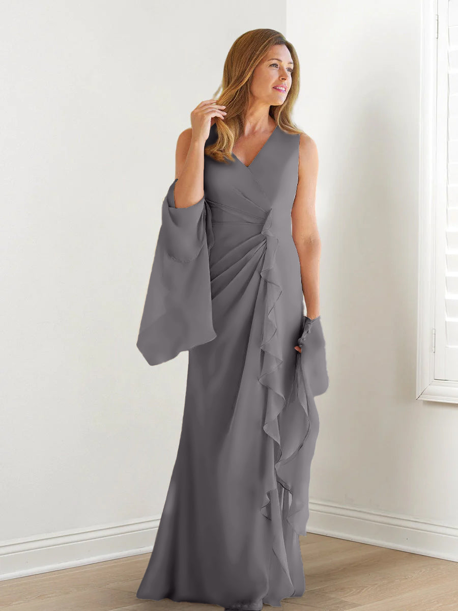 Elegant Sleeveless V Neck Floor Length Mother Of The Bride Gown With Ruffles