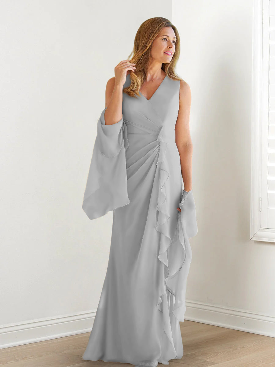 Elegant Sleeveless V Neck Floor Length Mother Of The Bride Gown With Ruffles