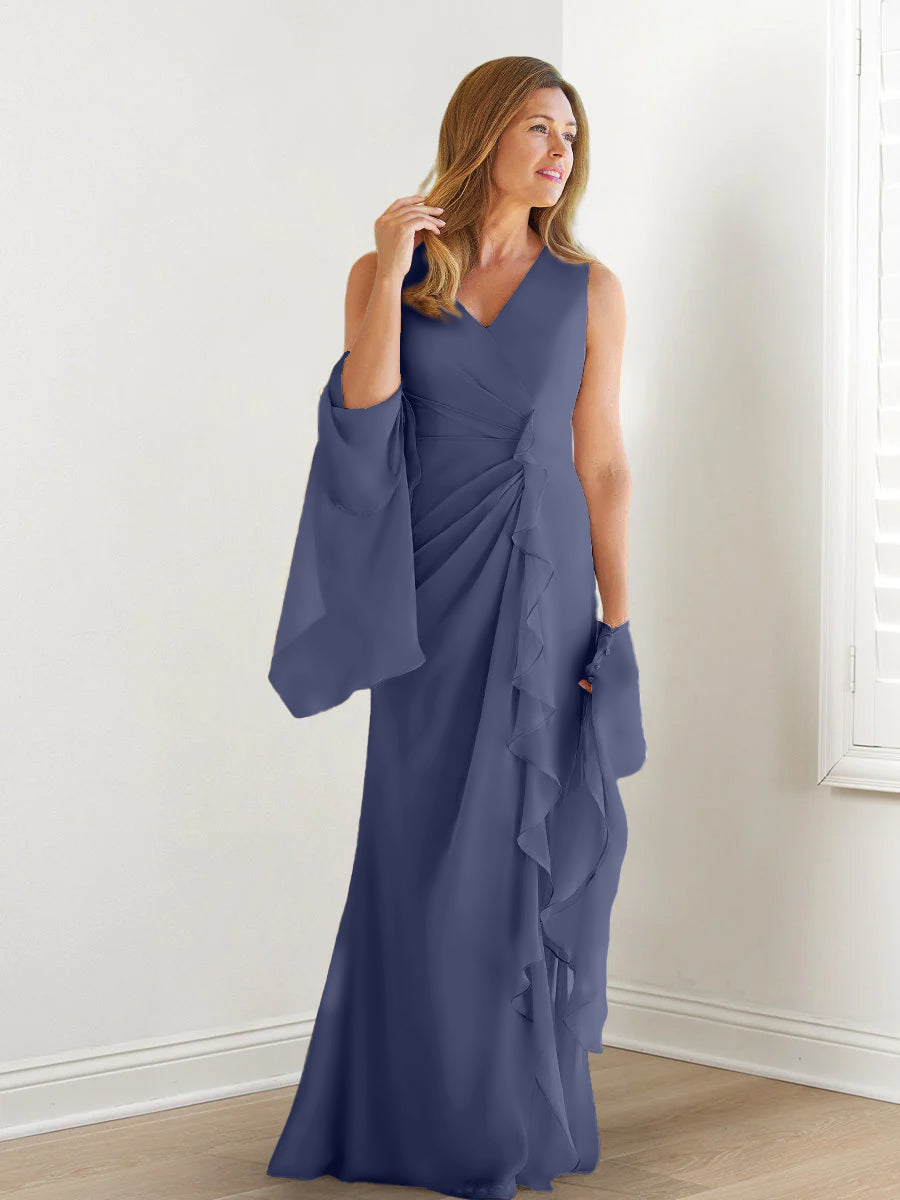 Elegant Sleeveless V Neck Floor Length Mother Of The Bride Gown With Ruffles
