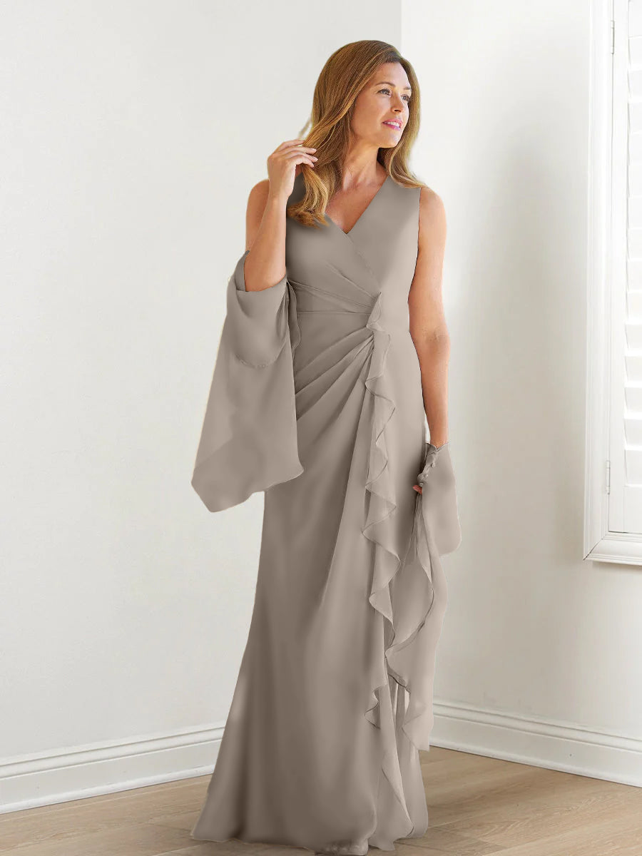 Elegant Sleeveless V Neck Floor Length Mother Of The Bride Gown With Ruffles