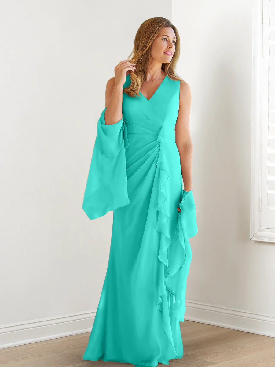 Elegant Sleeveless V Neck Floor Length Mother Of The Bride Gown With Ruffles