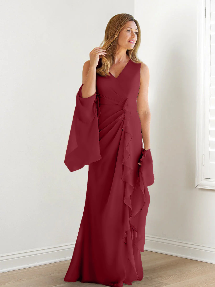 Elegant Sleeveless V Neck Floor Length Mother Of The Bride Gown With Ruffles