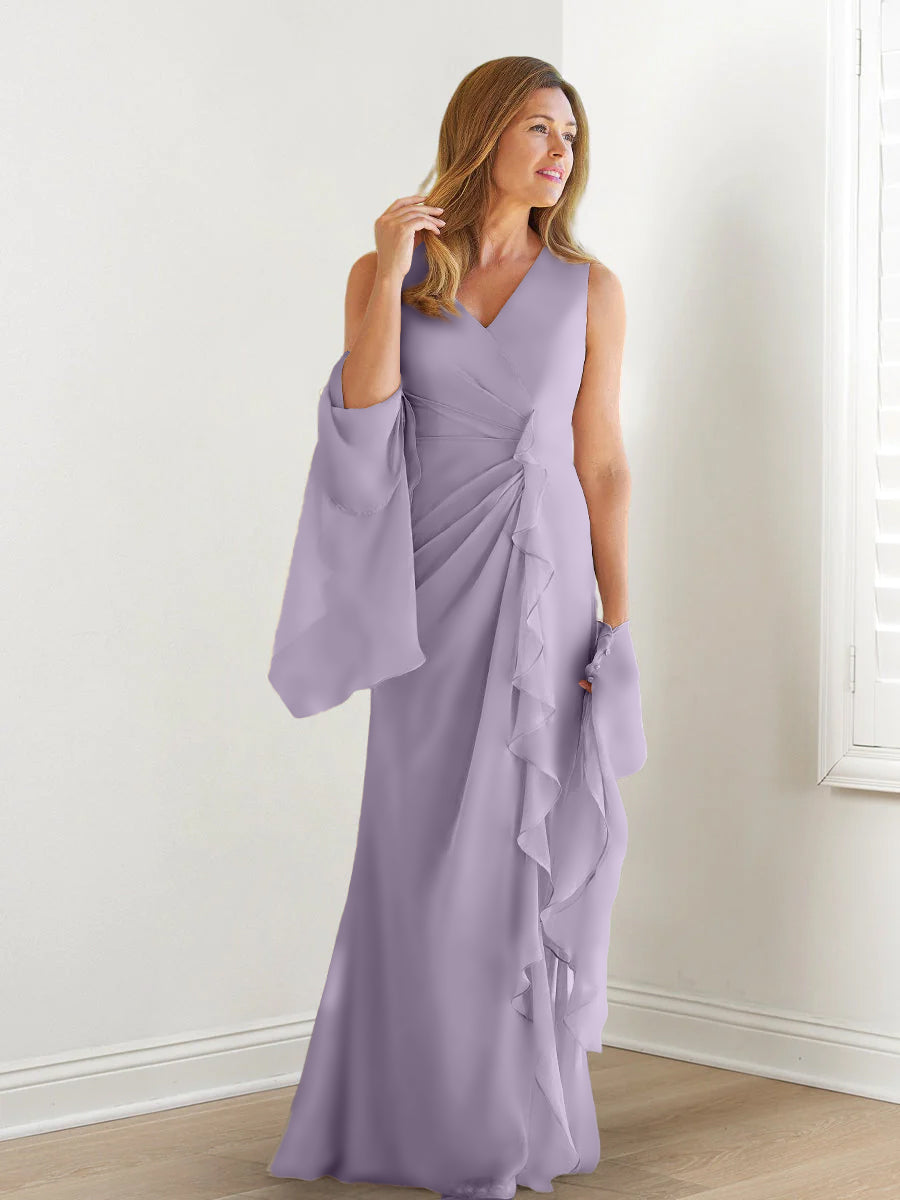 Elegant Sleeveless V Neck Floor Length Mother Of The Bride Gown With Ruffles