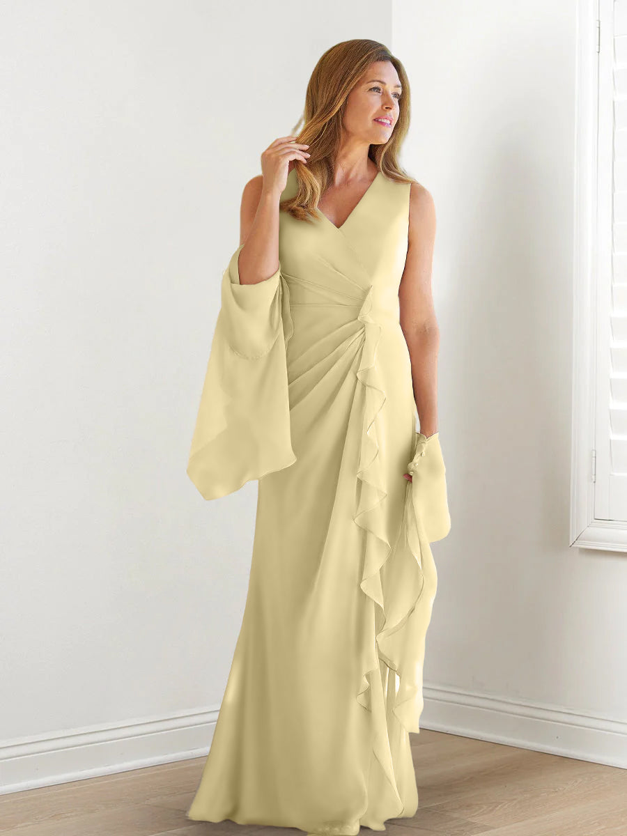 Elegant Sleeveless V Neck Floor Length Mother Of The Bride Gown With Ruffles