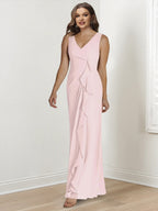Plus Size V Neck Sleeveless Floor Length Mother Of The Bride Dress With Wrap