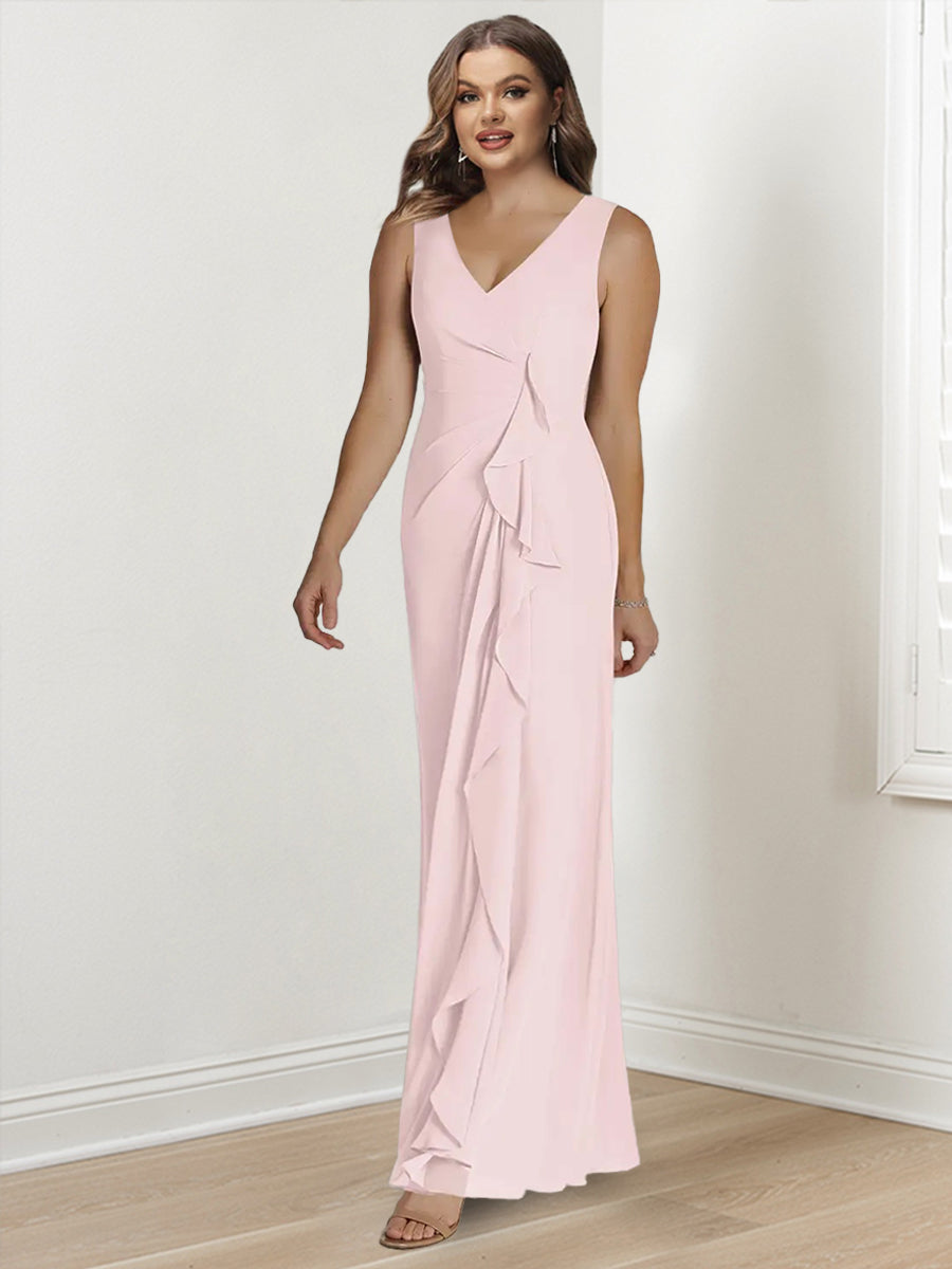 Plus Size V Neck Sleeveless Floor Length Mother Of The Bride Dress With Wrap
