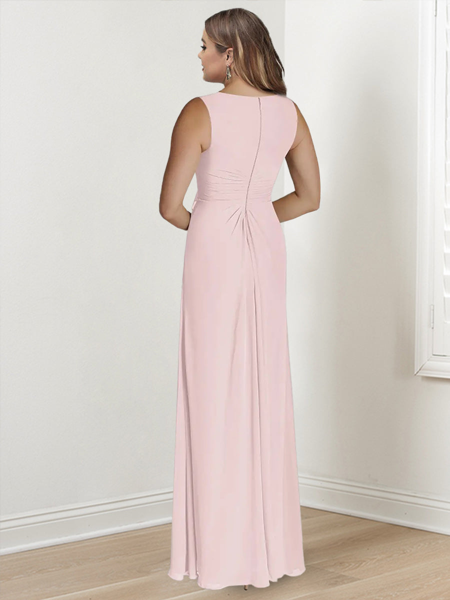Plus Size V Neck Sleeveless Floor Length Mother Of The Bride Dress With Wrap