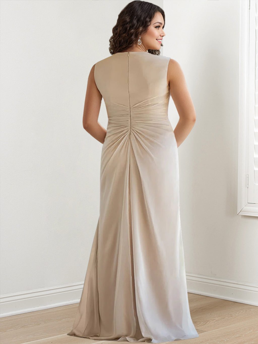 V Neck Sleeveless Plus Size Mother Of The Bride Sheath Dress Floor Length
