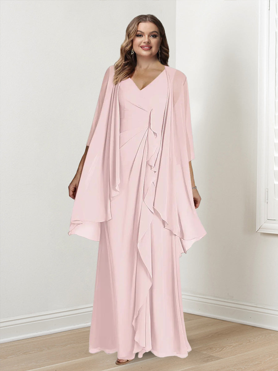Plus Size V Neck Sleeveless Floor Length Mother Of The Bride Dress With Wrap