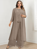 Plus Size Floor Length Chiffon Pantsuit For Mother Of The Bride Applique Jacket
