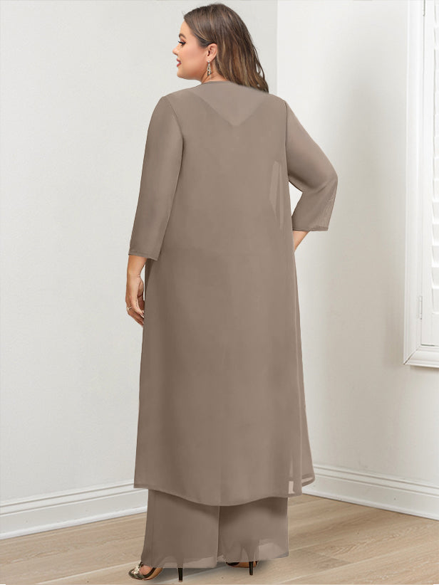 Plus Size Floor Length Chiffon Pantsuit For Mother Of The Bride Applique Jacket