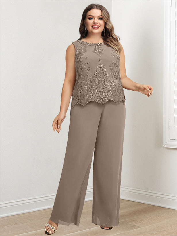 Plus Size Floor Length Chiffon Pantsuit For Mother Of The Bride Applique Jacket