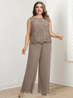 Plus Size Floor Length Chiffon Pantsuit For Mother Of The Bride Applique Jacket
