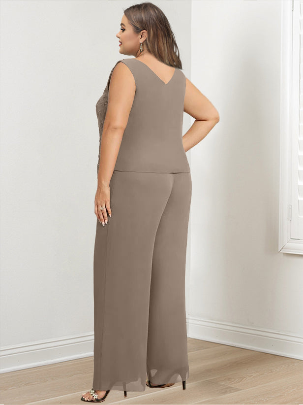 Plus Size Floor Length Chiffon Pantsuit For Mother Of The Bride Applique Jacket