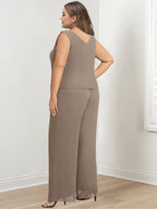 Plus Size Floor Length Chiffon Pantsuit For Mother Of The Bride Applique Jacket