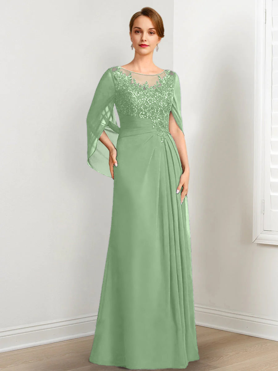 A-Line/Princess Scoop Floor-Length Mother of the Bride Dresses with Pleated & Sequins