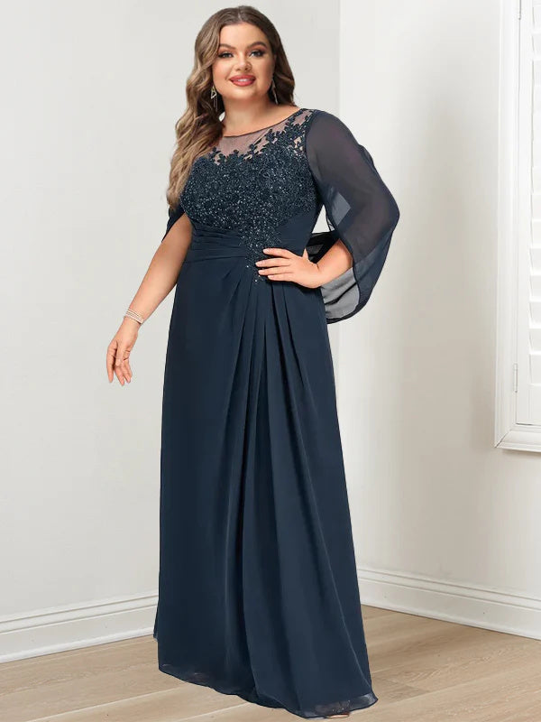Plus Size Floor Length Dress Mother Of The Bride With Scoop Neck Pleats Sequins