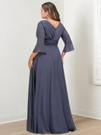 Plus Size V Neck A Line Mother Of The Bride Dress With Sleeves And Ruffles