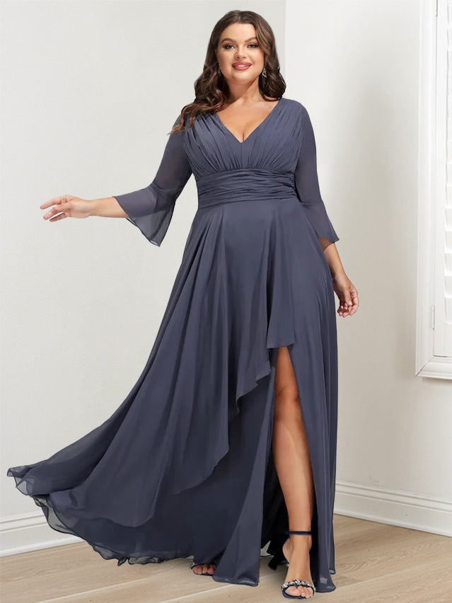 Plus Size V Neck A Line Mother Of The Bride Dress With Sleeves And Ruffles