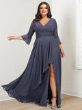 Plus Size V Neck A Line Mother Of The Bride Dress With Sleeves And Ruffles