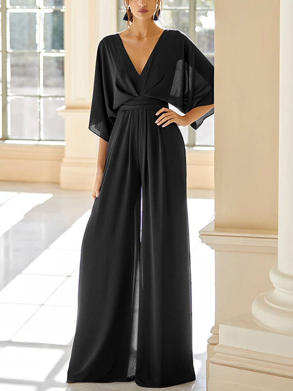 Mother Of The Bride Chiffon Pantsuit V Neck With Pockets