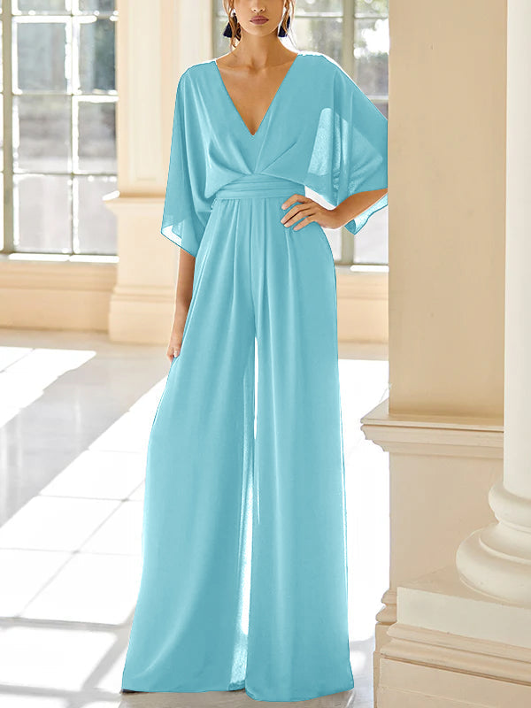 Mother Of The Bride Chiffon Pantsuit V Neck With Pockets