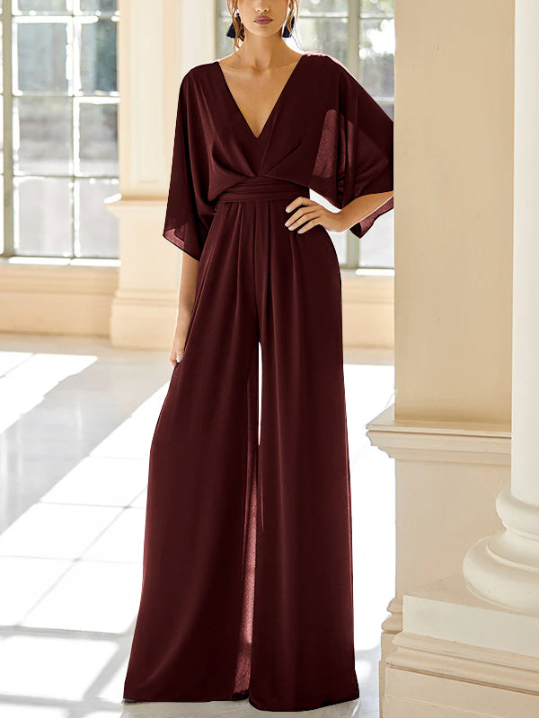 Mother Of The Bride Chiffon Pantsuit V Neck With Pockets