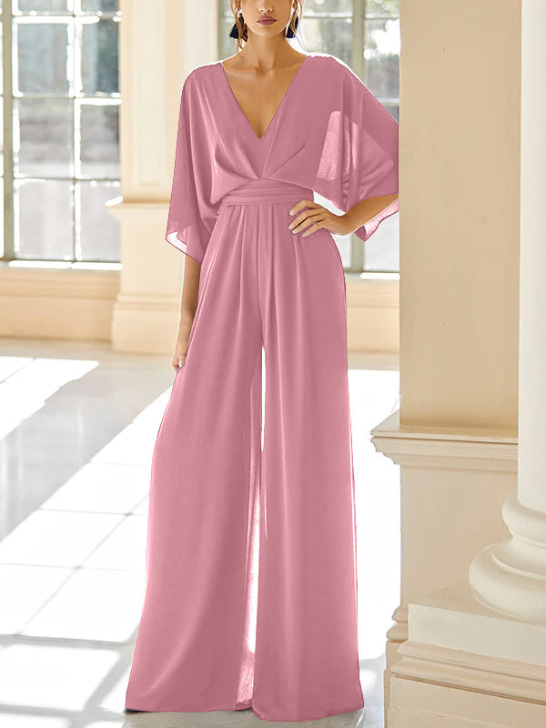 Mother Of The Bride Chiffon Pantsuit V Neck With Pockets