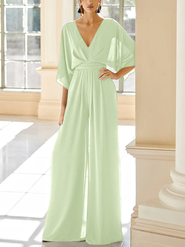 Mother Of The Bride Chiffon Pantsuit V Neck With Pockets