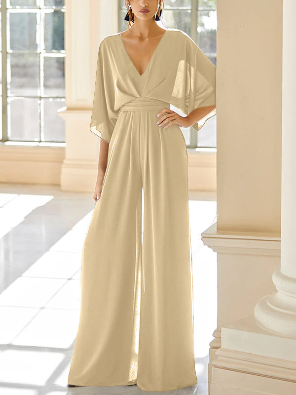 Mother Of The Bride Chiffon Pantsuit V Neck With Pockets