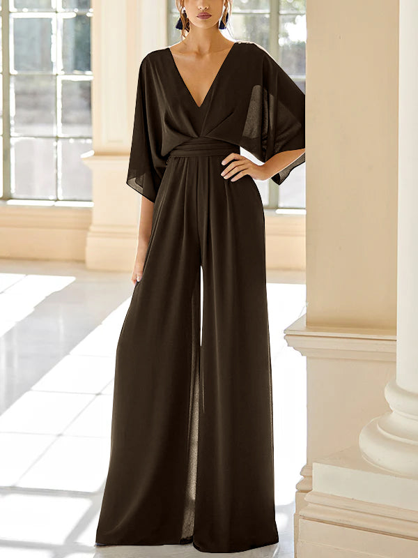 Mother Of The Bride Chiffon Pantsuit V Neck With Pockets