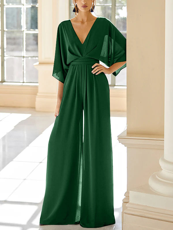 Mother Of The Bride Chiffon Pantsuit V Neck With Pockets