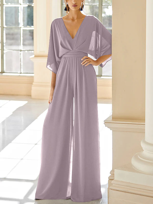 Mother Of The Bride Chiffon Pantsuit V Neck With Pockets