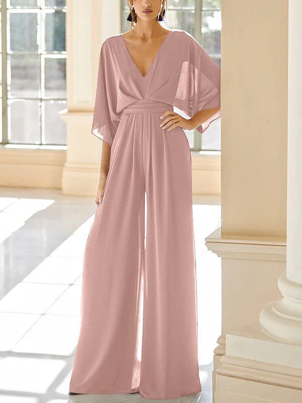Mother Of The Bride Chiffon Pantsuit V Neck With Pockets
