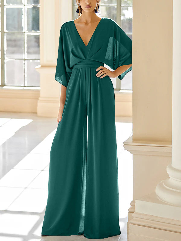 Mother Of The Bride Chiffon Pantsuit V Neck With Pockets