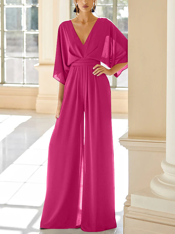 Mother Of The Bride Chiffon Pantsuit V Neck With Pockets