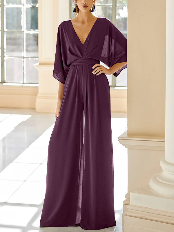 Mother Of The Bride Chiffon Pantsuit V Neck With Pockets