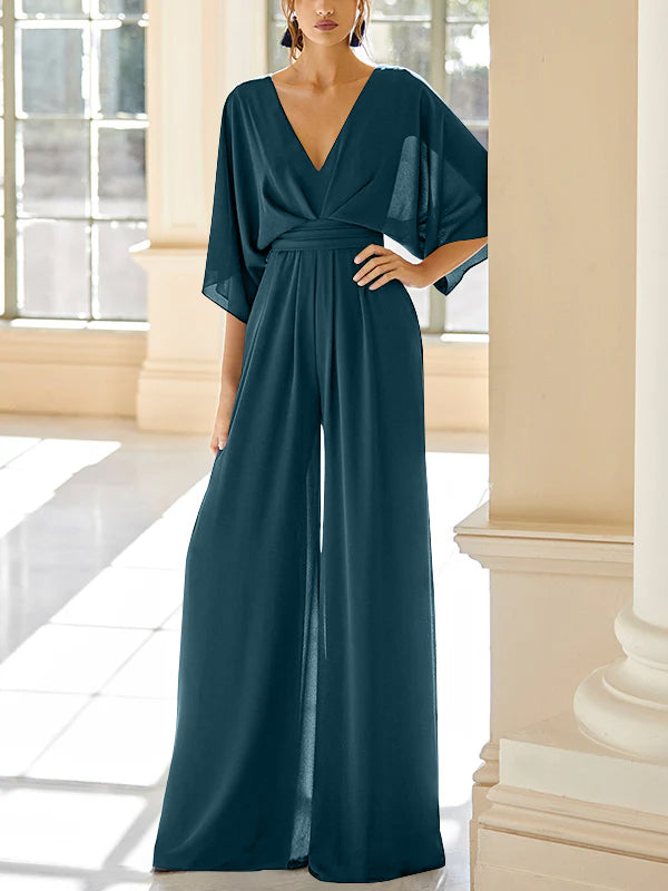 Mother Of The Bride Chiffon Pantsuit V Neck With Pockets