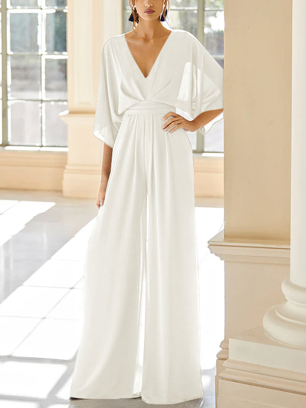 Mother Of The Bride Chiffon Pantsuit V Neck With Pockets