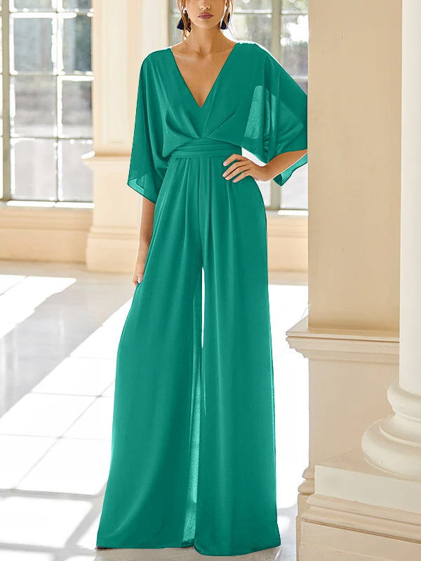 Mother Of The Bride Chiffon Pantsuit V Neck With Pockets
