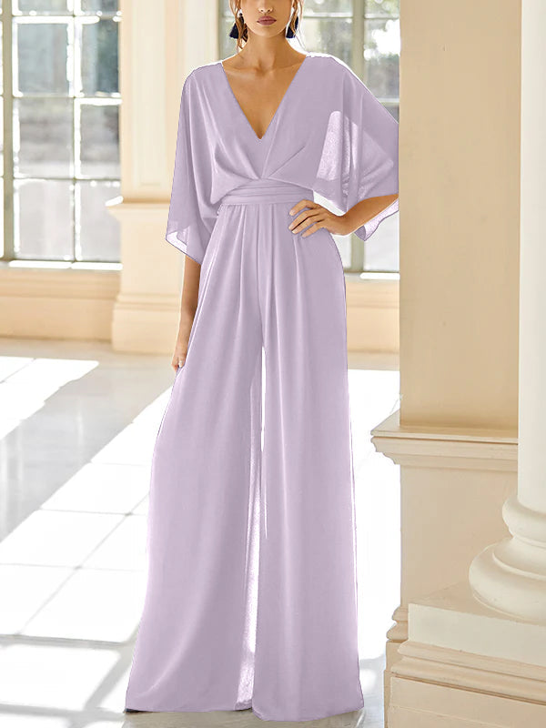 Mother Of The Bride Chiffon Pantsuit V Neck With Pockets