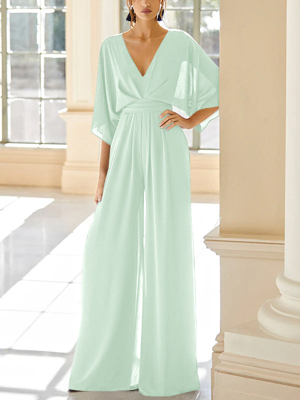 Mother Of The Bride Chiffon Pantsuit V Neck With Pockets