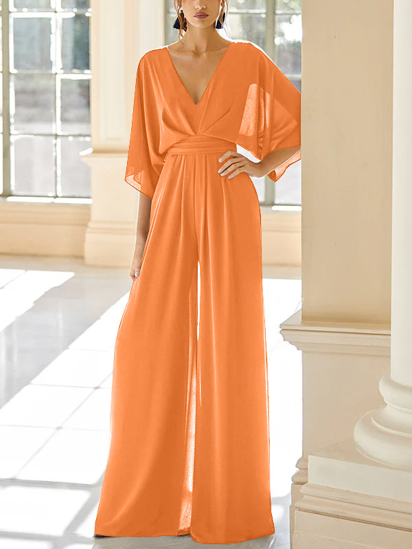 Mother Of The Bride Chiffon Pantsuit V Neck With Pockets