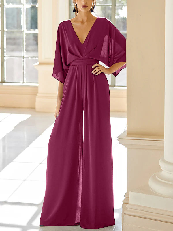 Mother Of The Bride Chiffon Pantsuit V Neck With Pockets