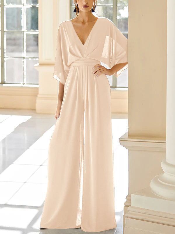 Mother Of The Bride Chiffon Pantsuit V Neck With Pockets
