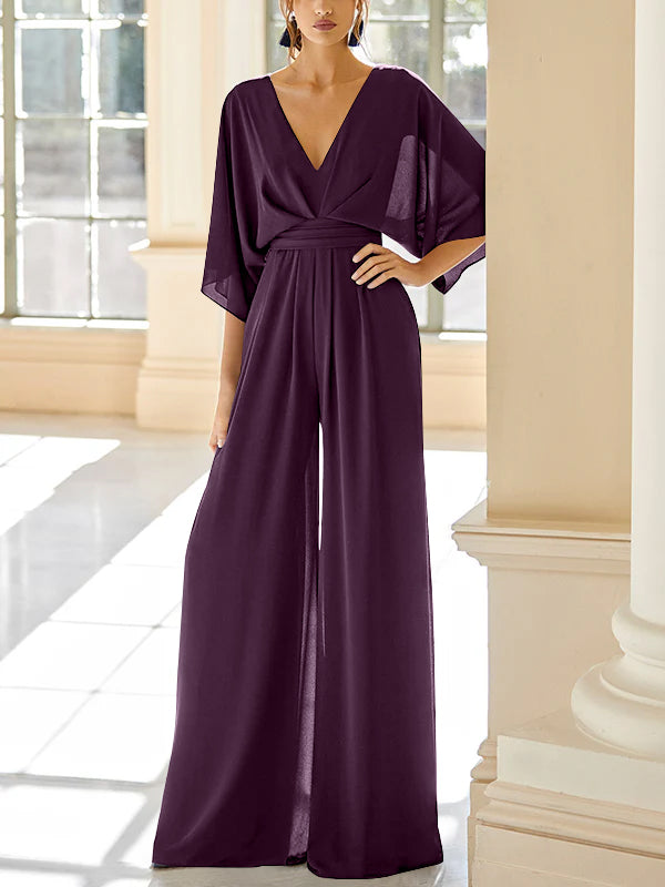 Mother Of The Bride Chiffon Pantsuit V Neck With Pockets