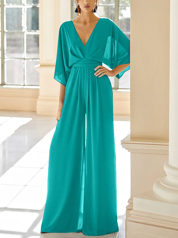 Mother Of The Bride Chiffon Pantsuit V Neck With Pockets